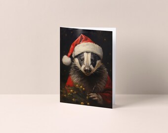 Badger in Christmas Hat and Clothes - Christmas Card