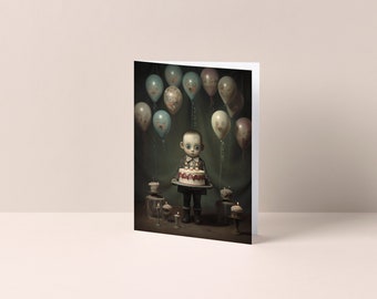 Doll-like Boy with cake and haunted balloons - Birthday Card