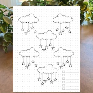 May include: A printable page with five clouds with stars hanging from them. The clouds are outlined in black and the stars are filled in black. There are dotted lines for writing and a blank space for coloring. The text at the bottom of the page says "Color each page however you like!"