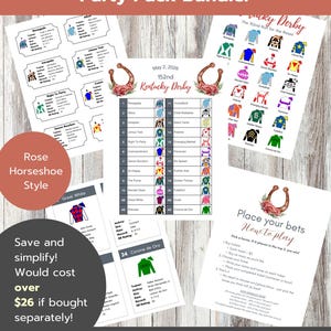 May include: A Kentucky Derby Party Pack Bundle with printable game sheets. Includes a race day list, betting instructions, and horse racing information. Features a rose horseshoe design and the text "Kentucky Derby".