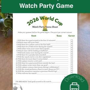 以下が含まれることがあります： 白い紙に印刷された2026年ワールドカップ観戦パーティー用ゲームシート。ヘッダーには金色のトロフィーのイラストと緑色のテキストが記載されています。シートには、予想を記入する線とチェックボックスが付いた17の番号付き質問と、タイブレーカーセクションが含まれています。