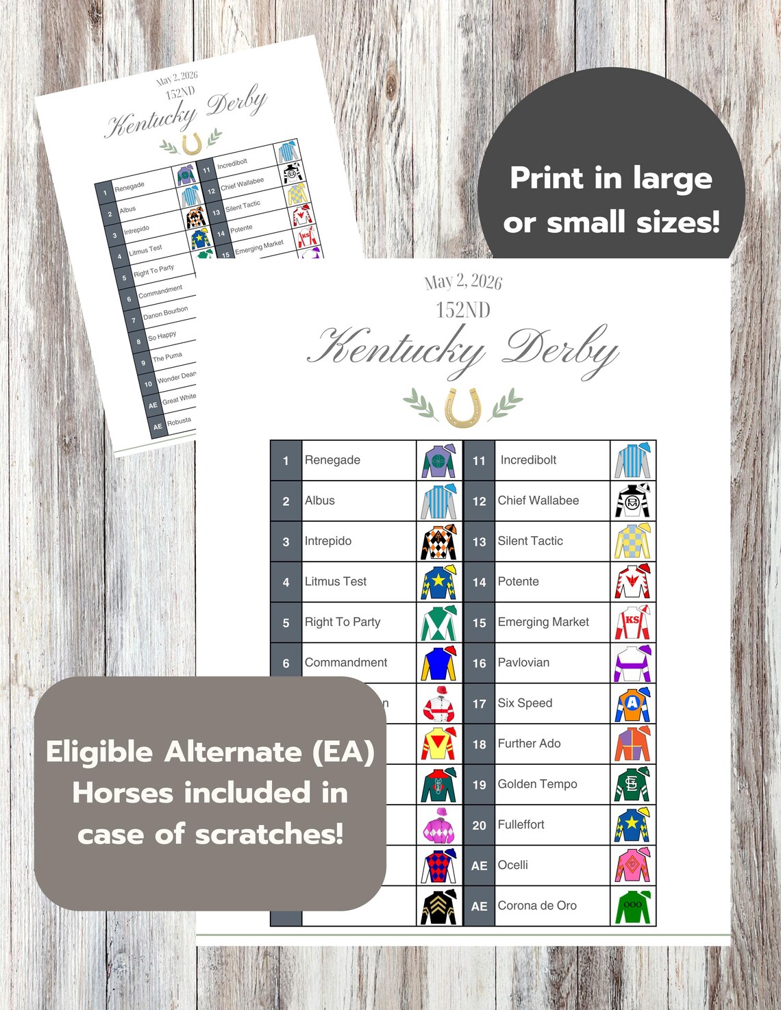 2026 Kentucky Derby Horse Roster Printable, Modern Clean Derby Party ...