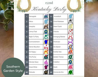 Elenco dei cavalli del Kentucky Derby 2026 stampabile, decorazioni eleganti per la festa del Derby, poster per il giorno della corsa, download immediato.