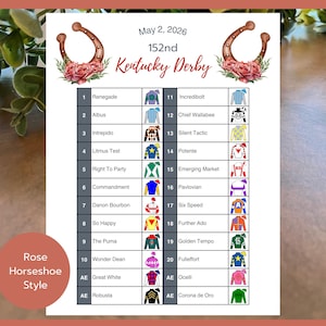 Puede incluir: Un póster del Derby de Kentucky de 2026 con un diseño de rosa y herradura. El póster incluye una lista de caballos con sus sedas de jockey. El texto en el póster dice "Instant Access & Updated 2026 Version!"