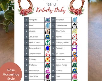 2026 Kentucky Derby Horse Roster, Jockey Silks, Derby Party Poster, Table items, Printable