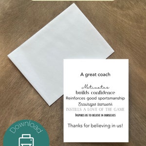 Biglietto di ringraziamento stampabile per allenatore / Grande allenatore / Modello di ruolo / Download immediato PDF / Biglietto