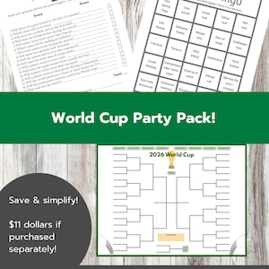 Può includere: Un pacchetto per feste della Coppa del Mondo 2026 che include un foglio di gioco con diciassette domande, una cartella di bingo calcistico con vari scenari di partita e un tabellone del torneo per seguire i risultati su fogli bianchi.