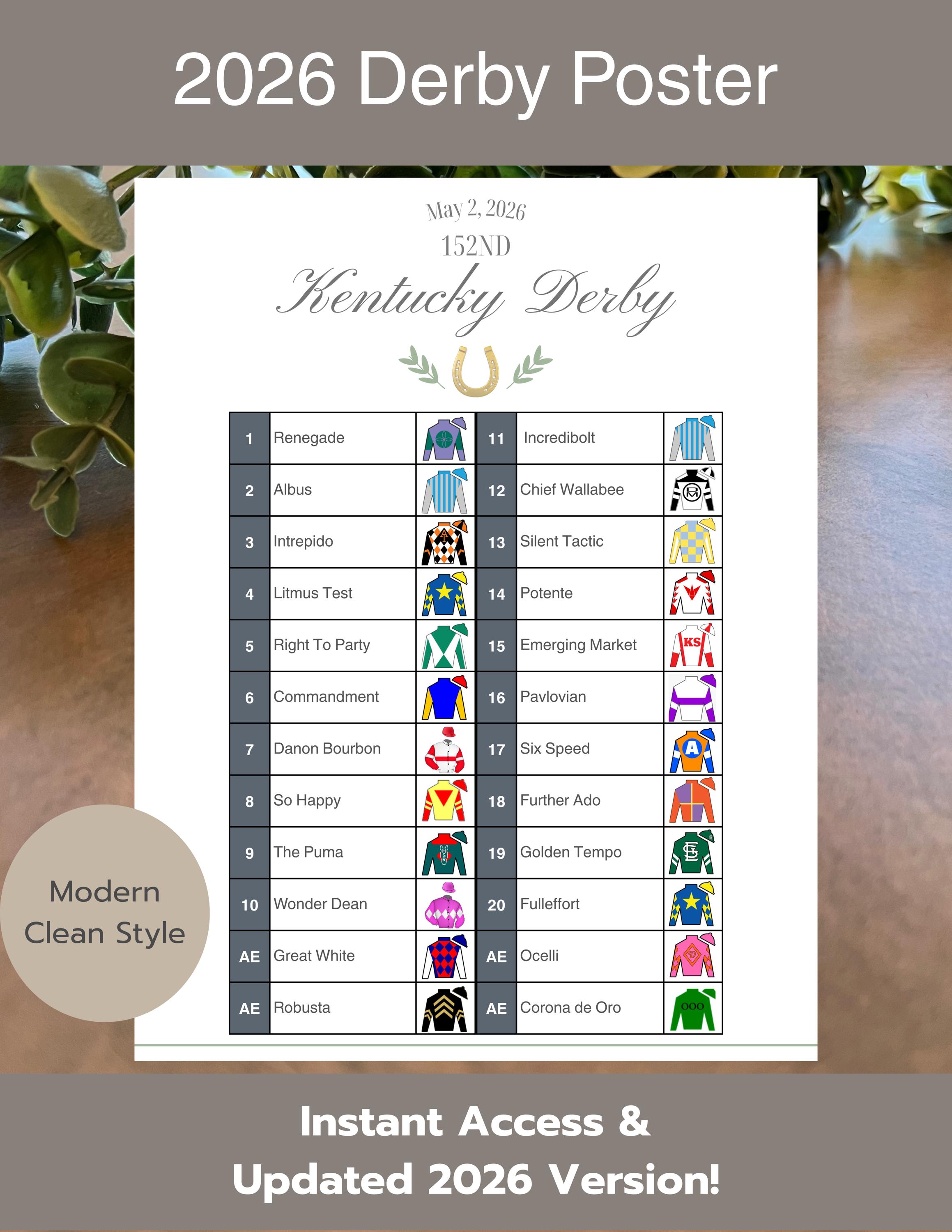 2026 Kentucky Derby Horse Roster Printable, Modern Clean Derby Party ...