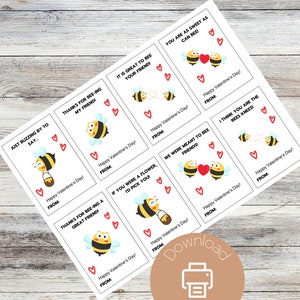 Bee Valentine Cards / Printable / Instant Download Valentine / Bumblebee Valentine/ Honey Bee Valentine&#39;s Day