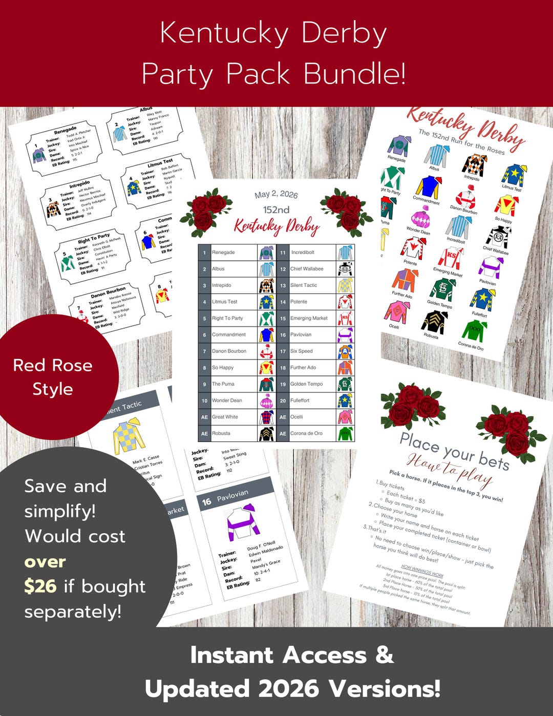Kentucky Derby Party Pack Bundle, Horse Roster, Jockey Silks (digital ...