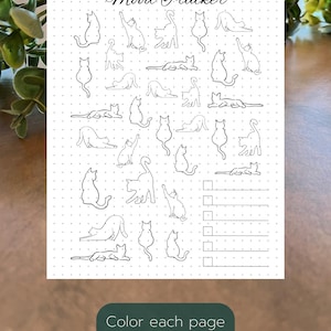 Può includere: Un tracker di umore stampabile con un'illustrazione in bianco e nero di gatti in varie pose. Il testo "Mood Tracker" è in cima alla pagina. Ci sono righe e caselle vuote per scrivere e colorare.