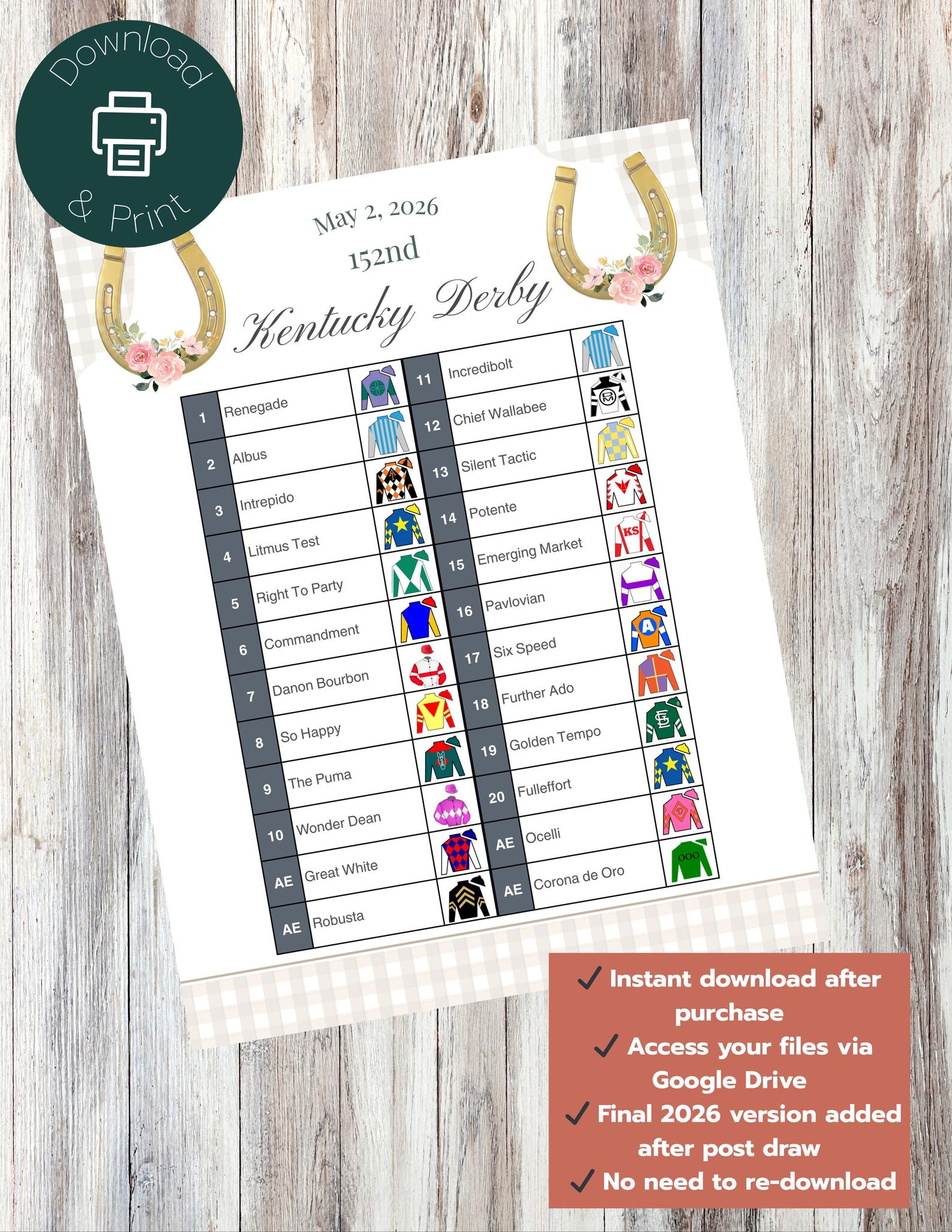 2026 Kentucky Derby Horse Roster Printable, Derby Lineup Poster, Race ...