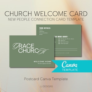 以下が含まれることがあります： 教会の歓迎カード用の緑色のポストカードテンプレート。カードには、白い筆記体で「グレイスチャーチ」というテキストと、黒いフォントで「ウェルカムホーム」というテキストが書かれています。カードには、「あなたの詳細」と「もっと詳しく知る」のセクションもあり、「イエスに人生を捧げる」、「バプテスマ」、「礼拝時間」、「ホームグループ」のチェックボックスがあります。