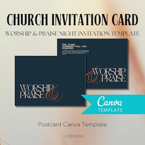 Cartão de convite para adoração e louvor na igreja, convite para noite de adoração, cartão de conexão, modelo Canva, cartão postal personalizável para impressão