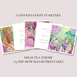 Könnte beinhalten: Ein Satz druckbarer Gesprächsanlasskarten mit einem High-Tea-Thema. Die Karten zeigen farbenfrohe Illustrationen von Frauen in Vintage-Kleidern und Blumenmustern. Der Text auf den Karten enthält Sätze wie "Einmal, als ich ein Risiko einging" und "Meine Lieblingsbeschäftigung".
