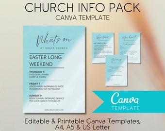 Church Info Pack Canva Templates Welcome Card, New People, Volunteer Form, Serving Form and What&#39;s on Flyer, A4, A5 & US Letter Templates