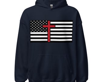 Men's Black and White American Flag with Red Cross Hoodie