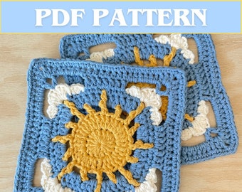 Cloudy Day Granny Square Crochet Pattern (PDF Pattern), Sun and Clouds granny square pattern