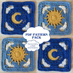 Cloudy Day and Night granny square crochet pattern pack crochet granny square, crochet pattern, sun and moon granny square pattern zdjęcie 1