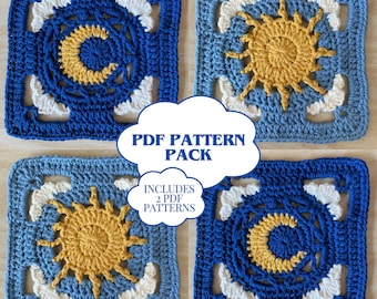 Cloudy Day and Night granny square crochet pattern pack | crochet granny square, crochet pattern, sun and moon granny square pattern