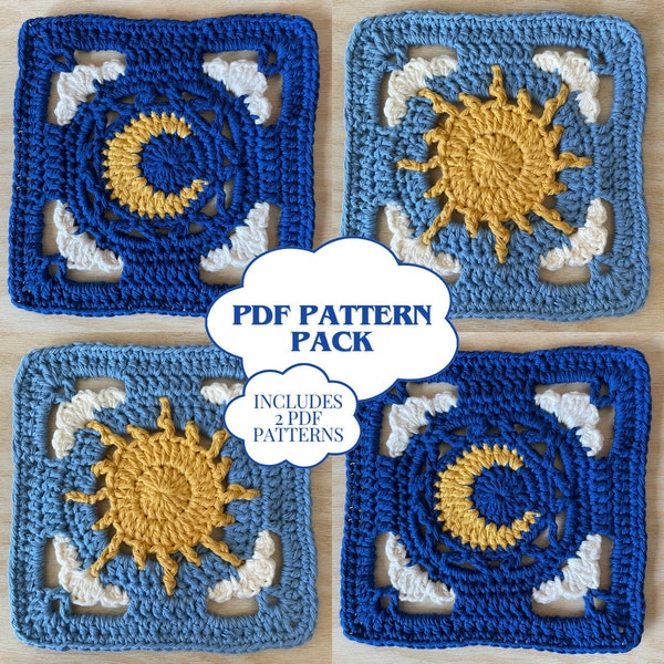 Cloudy Day and Night granny square crochet pattern pack | crochet granny square, crochet pattern, sun and moon granny square pattern