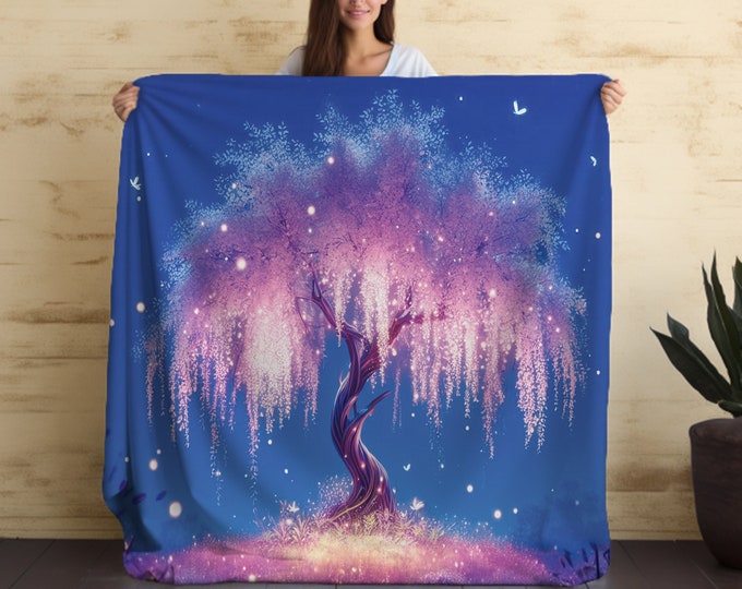 Hobbitcore Blanket Cottagecore, Pink Willow Tree & Fireflies, Enchanted Forest, Forestcore, Throw, Fairycore Gift, Pixie Faerie Cozy Blanket