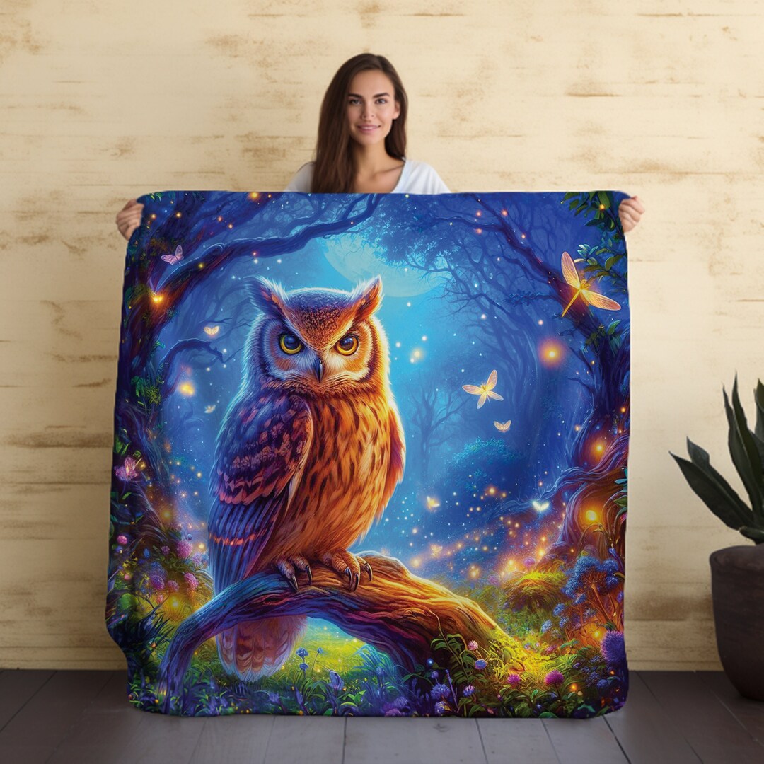 Hobbitcore Owl Blanket, Cottagecore Owl & Fireflies, Enchanted Forest