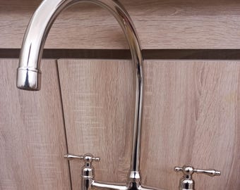 Polished nickel faucet, Kitchen Sink Faucet, farmhouse sink chrome Faucet, heavy chrome Bridge Faucet, Antique Kitchen Bridge Faucet