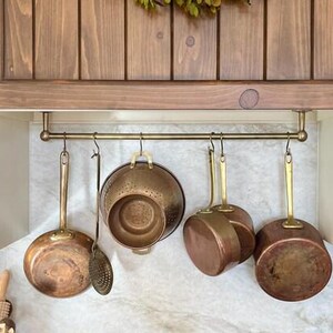 Bronze Brass Pot Rack with Hooks | Wall Mounted Brass Kitchen Rail | Vintage Hanging Pot Bar | Rustic Kitchen Organizer Storage