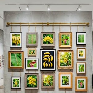 May include: A gallery wall display featuring fifteen framed photographs of banana plants, fruit, and flowers. The frames are suspended from a horizontal brass rod by gold chains against a gray concrete wall, creating a grid of botanical art.