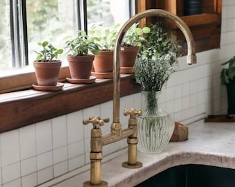 Antique Brass Kitchen Bridge Faucet - Unlacquered Solid Brass Sink Fixture with Various Handles And Straight Legs