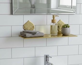 Unlacquered Brass Wall Bathroom Shelf, Handmade Shelves On Wall, Engraved Brass Wall Shelf For Shower