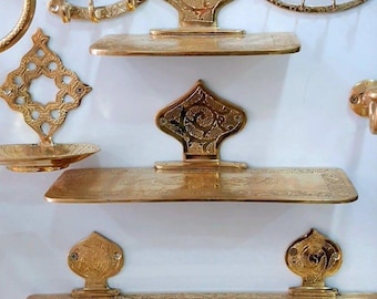 Unlacquered Brass Wall Bathroom Shelf, Handmade Shelves On Wall, Engraved Brass Wall Shelf For Shower