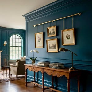 May include: A room with a dark teal wall featuring four framed pictures hanging from a gold rod. A wooden console table with a scalloped edge holds books and a lamp. The room has hardwood floors and a window with natural light.