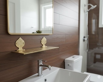 Unlacquered Brass Wall Bathroom Shelf, Handmade Shelves On Wall, Engraved Brass Wall Shelf For Shower