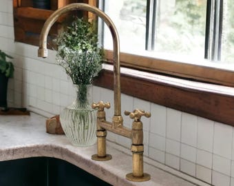 Antique Brass Kitchen Bridge Faucet - Unlacquered Solid Brass Sink Fixture with Various Handles And Straight Legs