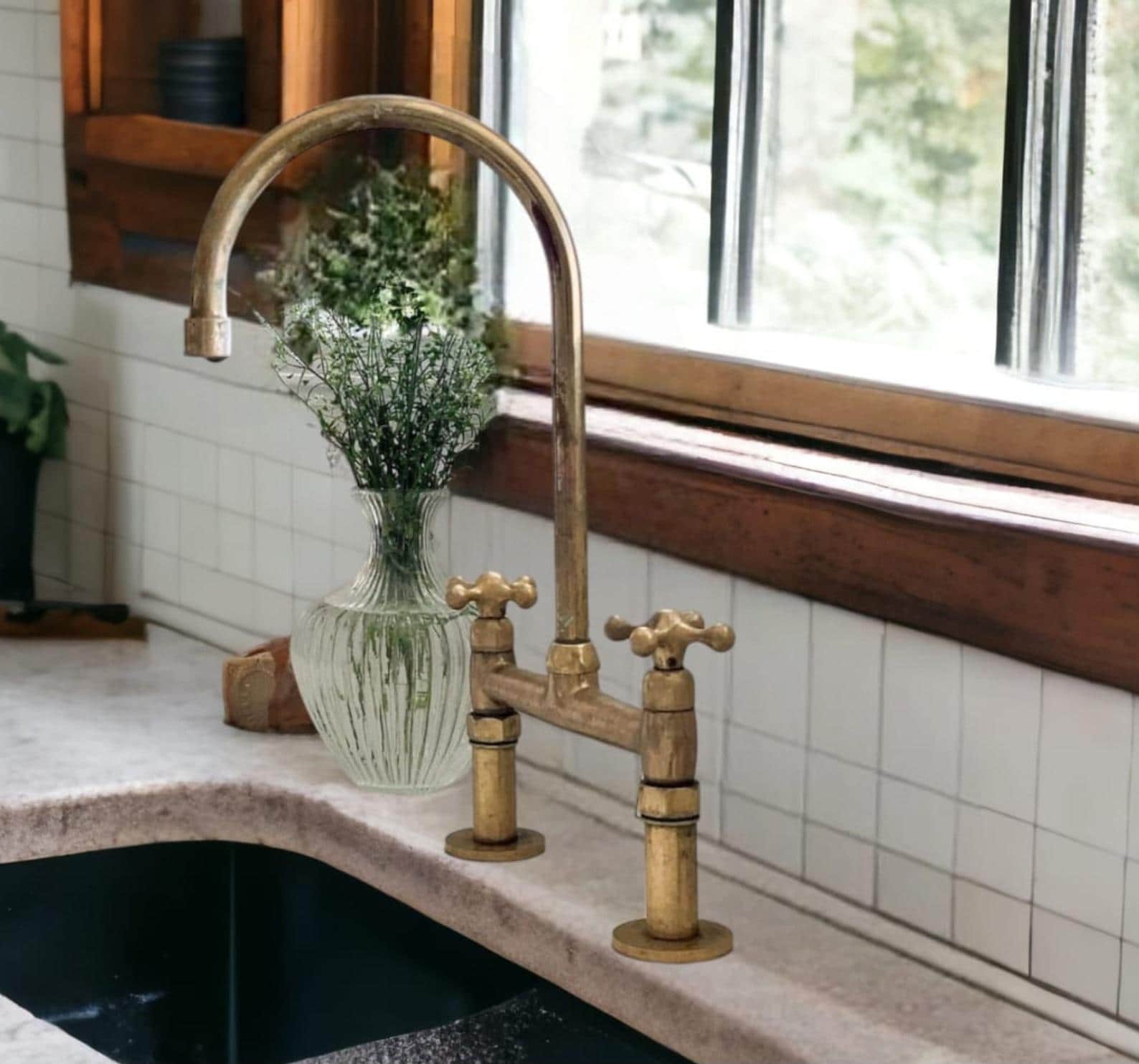 Antique Brass Kitchen Bridge Faucet - Unlacquered Solid Brass Sink Fixture with Various Handles And Straight Legs
