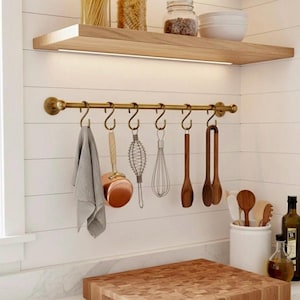 Bronze Brass Pot Rack with Hooks | Wall Mounted Brass Kitchen Rail | Vintage Hanging Pot Bar | Rustic Kitchen Organizer Storage