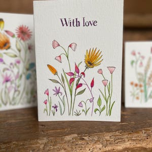 Tarjeta "Con Amor" - Flores de acuarela pintadas a mano - Arte original - Saludo de 15 x 10,5 cm - Interior en blanco - Regalo o recuerdo considerado