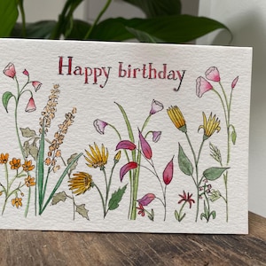 Carte de joyeux anniversaire - fleurs sauvages peintes à la main - aquarelle originale - 15 x 10,5 cm - intérieur vierge