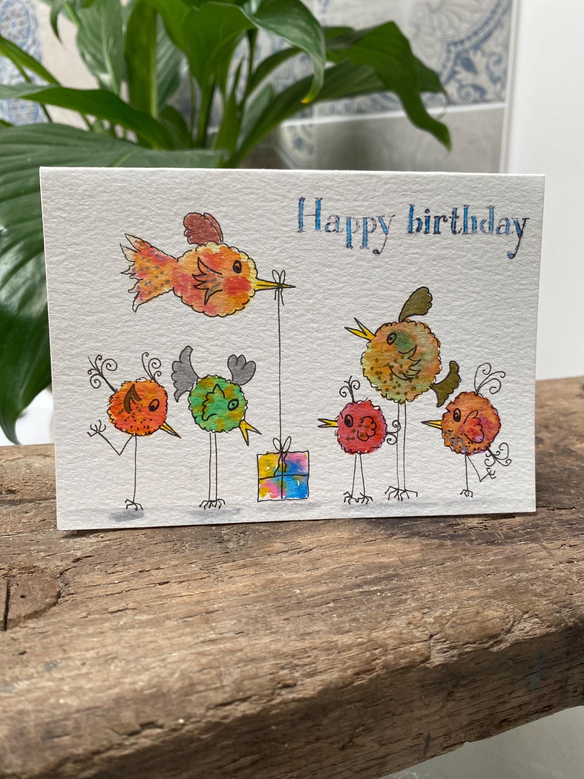Birthday Card - Hand Painted - Whimsical Birds - Original Watercolour ...