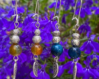 Leaf Dangle Earrings: Blue Tiger's Eye or Amber Agate, Hypoallergenic