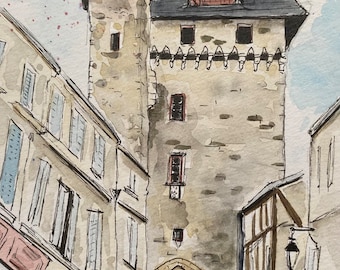 Original Clock Tower Watercolor Painting: St Jean d'Angely, France