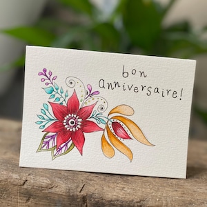 Carte d'anniversaire.  Carte d'anniversaire peinte à la main à l'aquarelle et à l'encre.  Une oeuvre d'art vraiment originale.