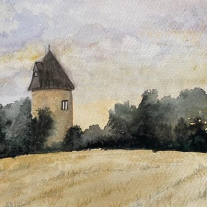 Hand Painted Watercolour landscape Picture - French Windmill - French Countryside - Original Watercolour