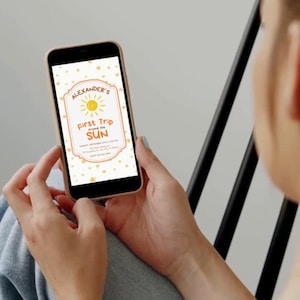 Editable First Trip Around the Sun Invitation, Retro 1st Birthday Electronic Invite, Sunshine Boy Birthday Evite, Canva Template WhatsApp