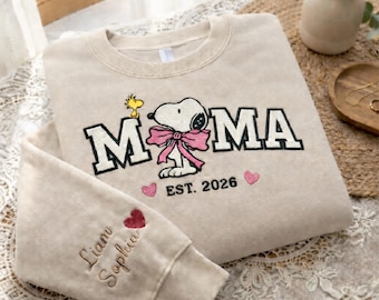 Custom Snoopy Mama Est 2026 Embroidered Sweatshirt, Personalized Mommy Snoopy Shirt, Cute Dog Cartoon Bow Hoodie, Gift For Mother's Day
