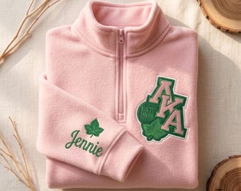 Embroidered Alpha Kappa Alpha AKA Quarter Zip, Sorority 1908 Pink and Green Ivy Leaf Sweatshirt, Pink Green Greek Life Apparel, Gift For Her