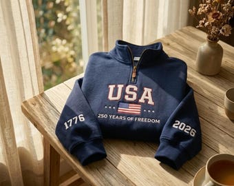 USA 250th Anniversary Embroidered Quarter Zip, America 1776–2026 Sweatshirt, Patriotic Eagle American Flag Hoodie, Varsity Letter Shirt