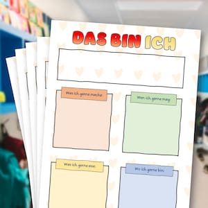 Puede incluir: Una hoja de trabajo imprimible con el título "DAS BIN ICH" en letras rojas y amarillas. La hoja de trabajo tiene cuatro secciones con indicaciones en alemán: "Was ich gerne mache", "Wen ich gerne mag", "Was ich gerne esse" y "Wo ich gerne bin".